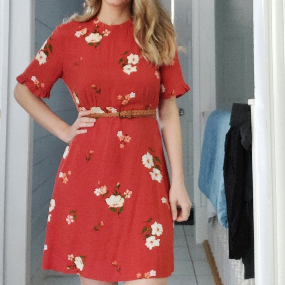 Primark Burnt Orange Short Sleeve Mini Dress With Flowers